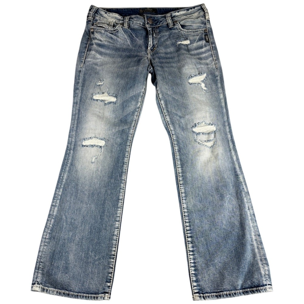 Silver Jeans Co. Suki Mid Rise Slim Bootcut Womens 32/31 Blue Distressed Denim